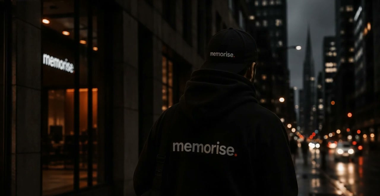 Memorise-figur i keps och hoodie står stilla på en regnig stadsgata i skymning och blickar ner längs avenyn